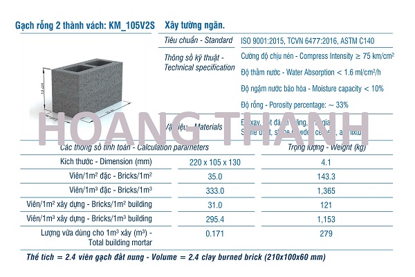 Gạch XMCL cao 130 xây tường rỗng 170mm